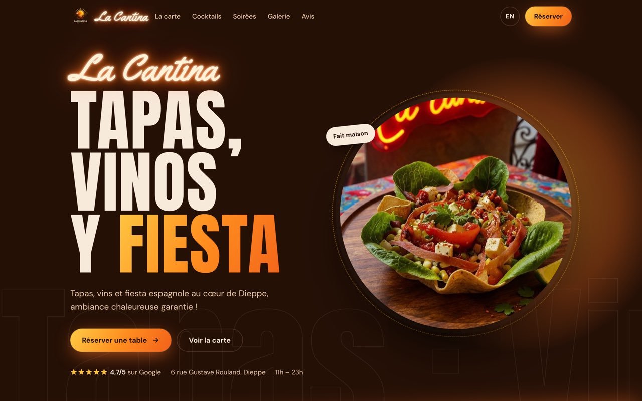 Page d'accueil du site de La Cantina : grand titre « Tapas, vinos y fiesta » sur fond sombre, avec une assiette de tapas en photo