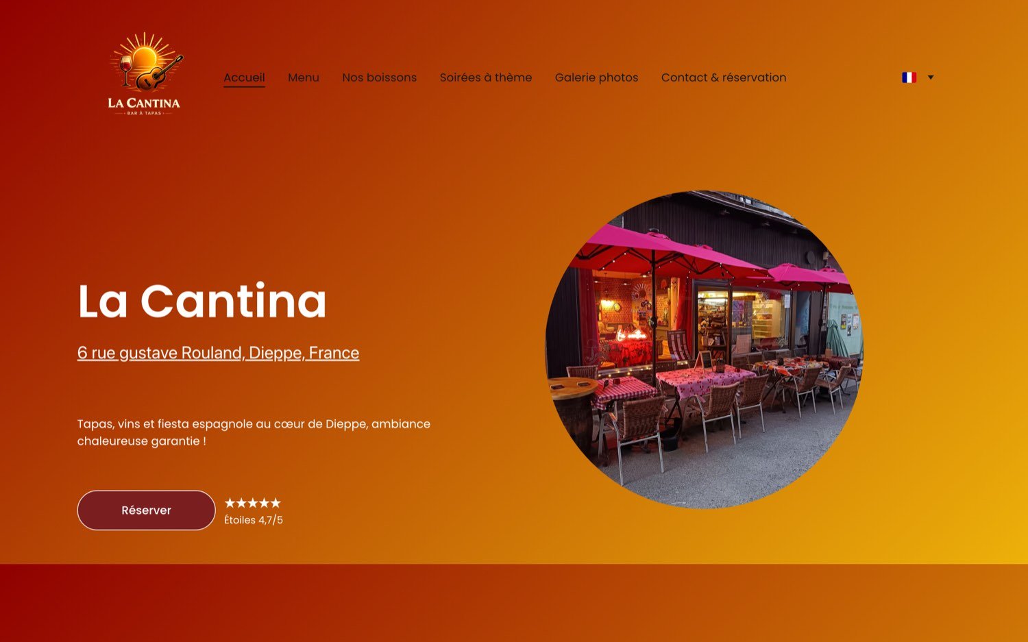 Ancien site de La Cantina : fond orange uni, menu à six onglets, photo de la terrasse dans un cercle