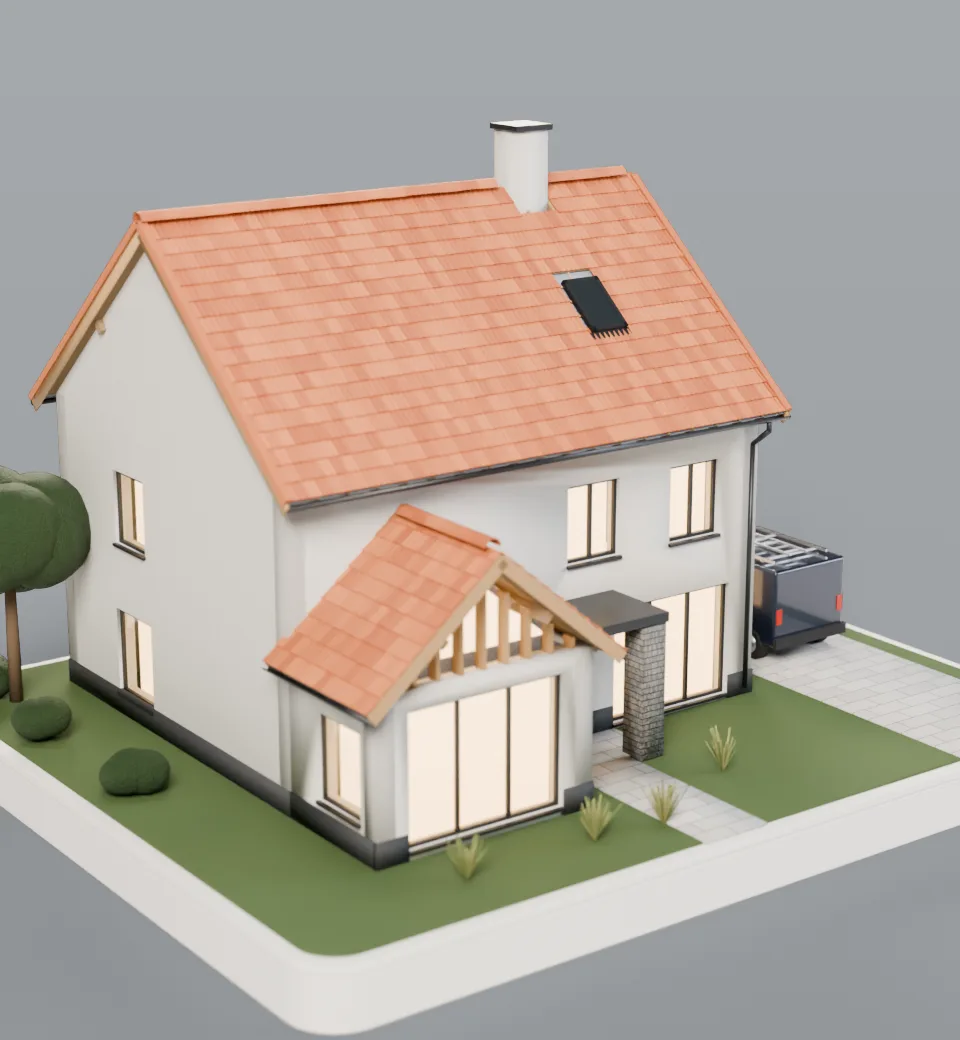 Pavillon terminé au crépuscule, toiture de tuiles neuve et fenêtres éclairées
