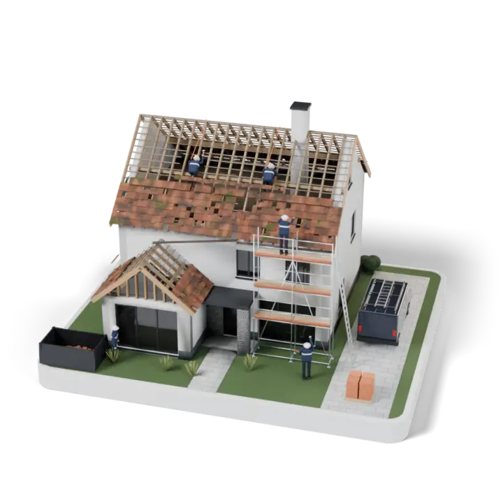 La maquette pendant la dépose : échafaudage, couvreurs sur le toit ouvert, benne au pied de la maison