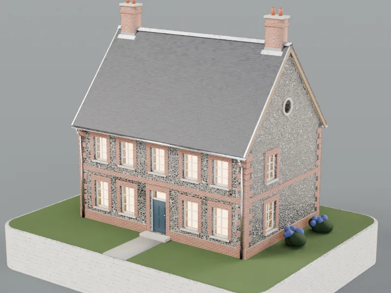 Maison en silex et brique au crépuscule, toiture d'ardoise neuve, fenêtres éclairées