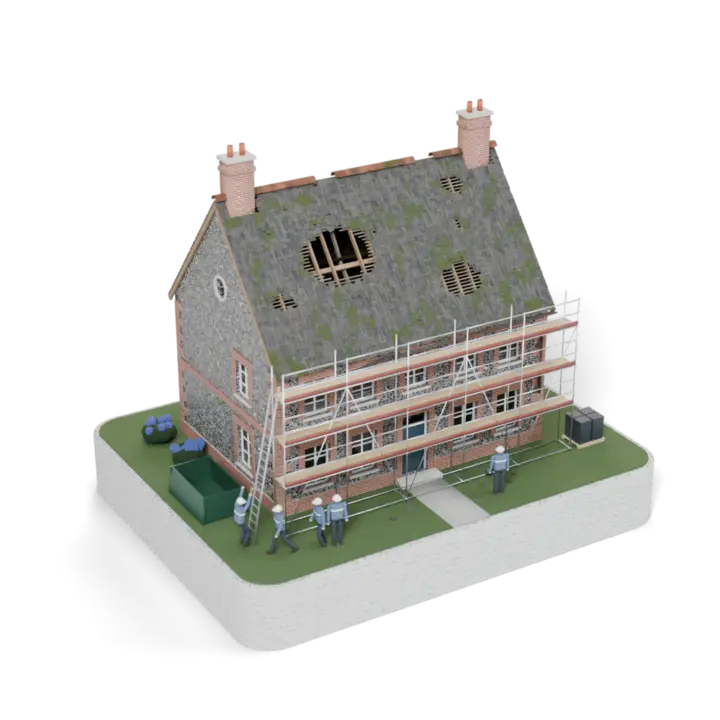 Maquette au début du chantier : l'équipe de couvreurs arrive, échafaudage et benne installés