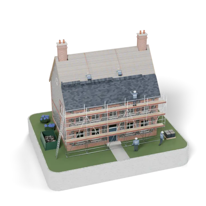Maquette pendant le chantier : échafaudage, couvreurs sur le toit, ardoises neuves posées sur la moitié basse