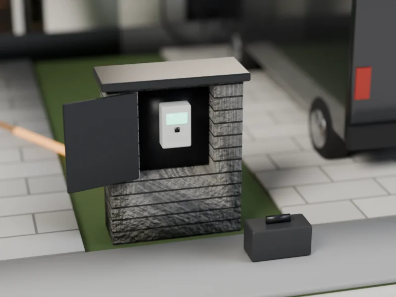 Coffret de branchement en limite de terrain, compteur neuf allumé