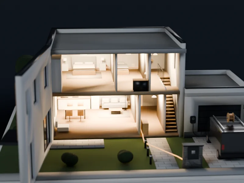 Maison ouverte en coupe, toutes les pièces éclairées