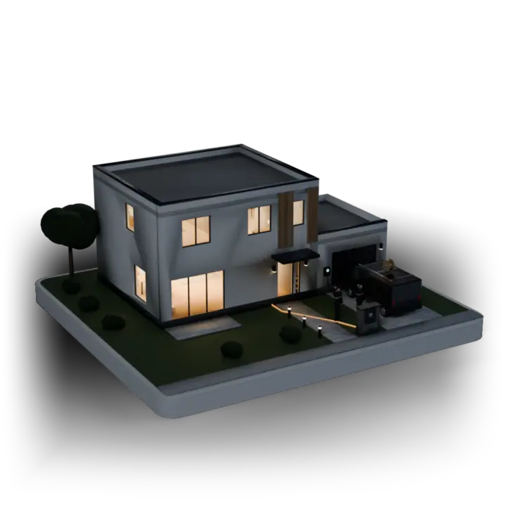 La maison de nuit, fenêtres éclairées, balises du jardin et borne de recharge allumées