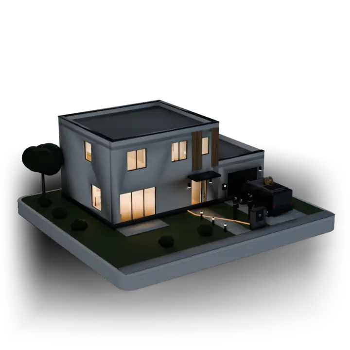 La maison terminée, de nuit, toutes les lumières allumées