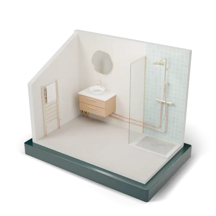 La salle de bain terminée : meuble-vasque en chêne, colonne de douche thermostatique en laiton, sèche-serviettes, cuivre apparent